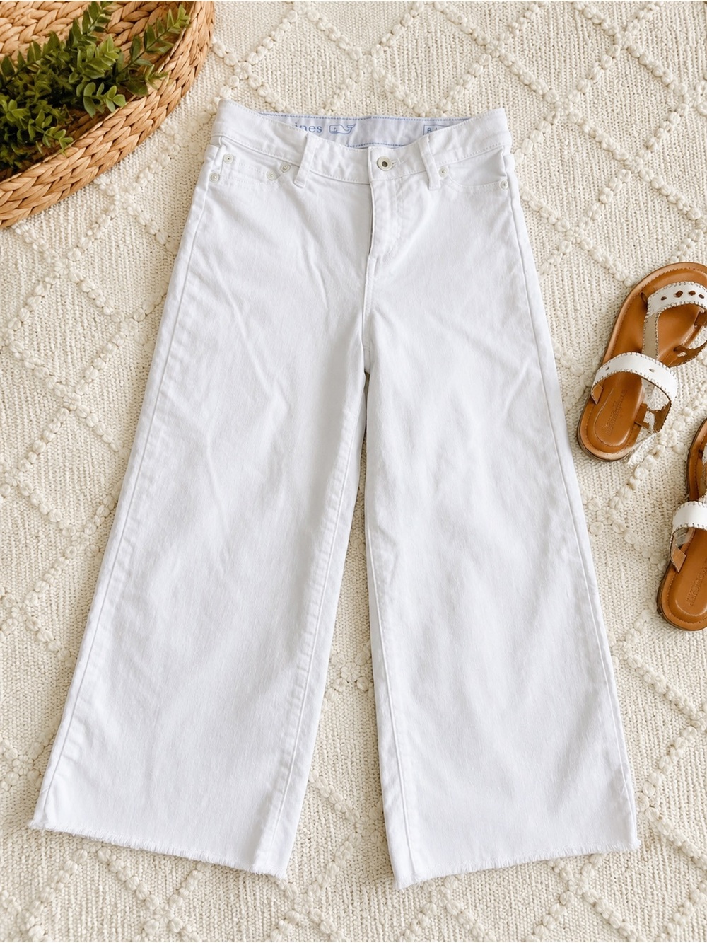 Vineyard Vines Girls Wide Leg Crop Jeans | White Raw Hem Denim | Size 8